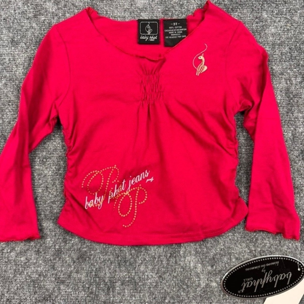 Vintage Baby Phat Toddler 3T Red Long Sleeve‎ Ruched Graphic Tee Shirt Top NEW